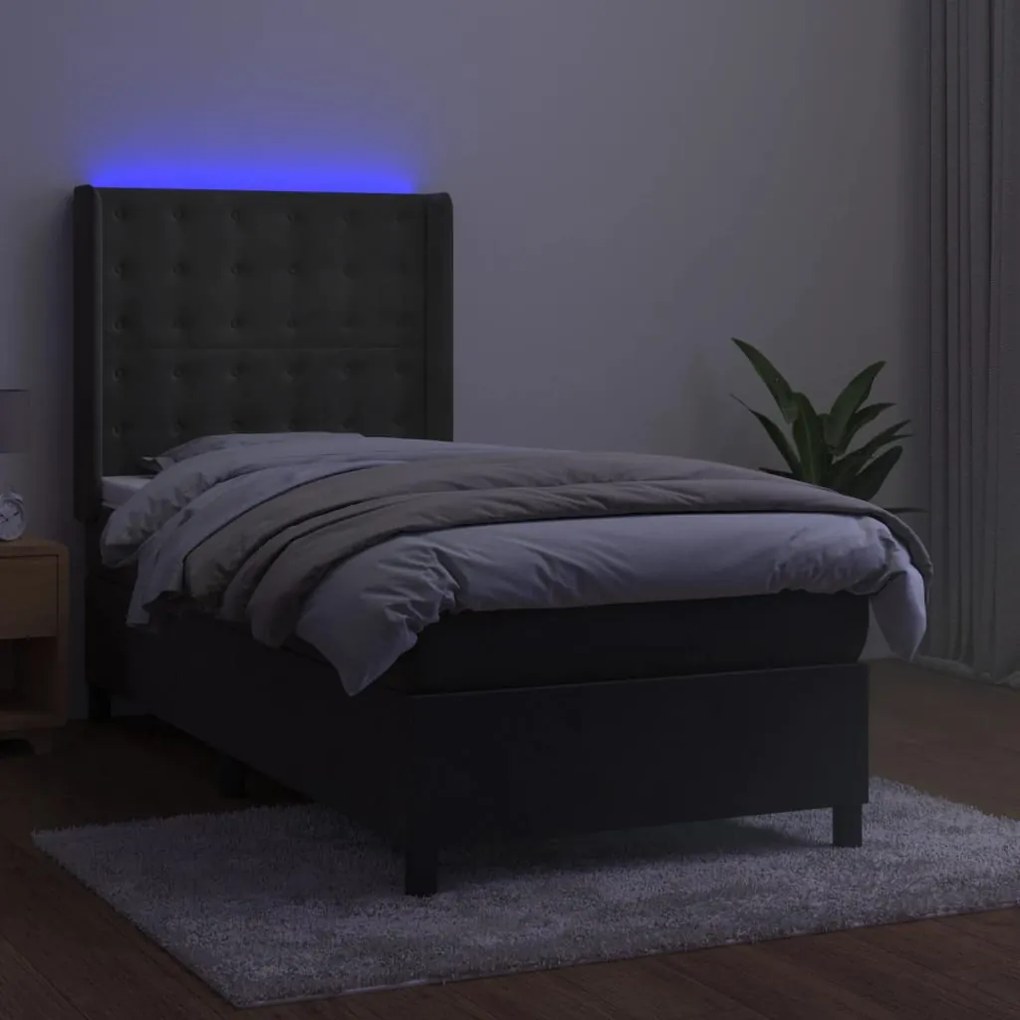 vidaXL Κρεβάτι Boxspring με Στρώμα & LED Σκ. Γκρι 90x190 εκ. Βελούδινο