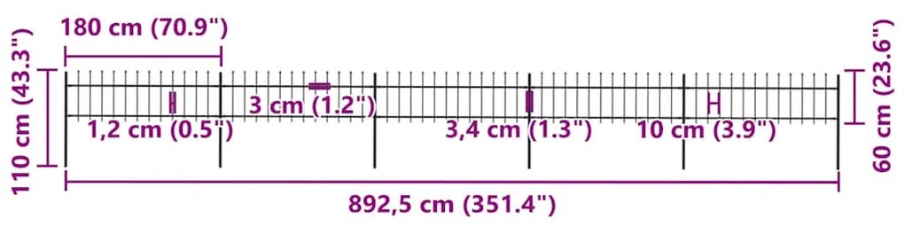 vidaXL Φράχτης Κήπου με Κορυφή Δόρυ από Ατσάλι 892,5x60 εκ. Μαύρος