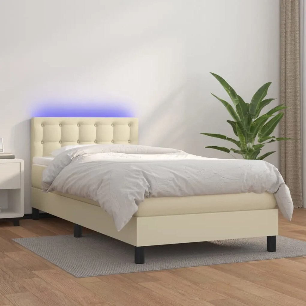 vidaXL Κρεβάτι Boxspring με Στρώμα & LED Κρεμ 90x200 εκ. Συνθ. Δέρμα