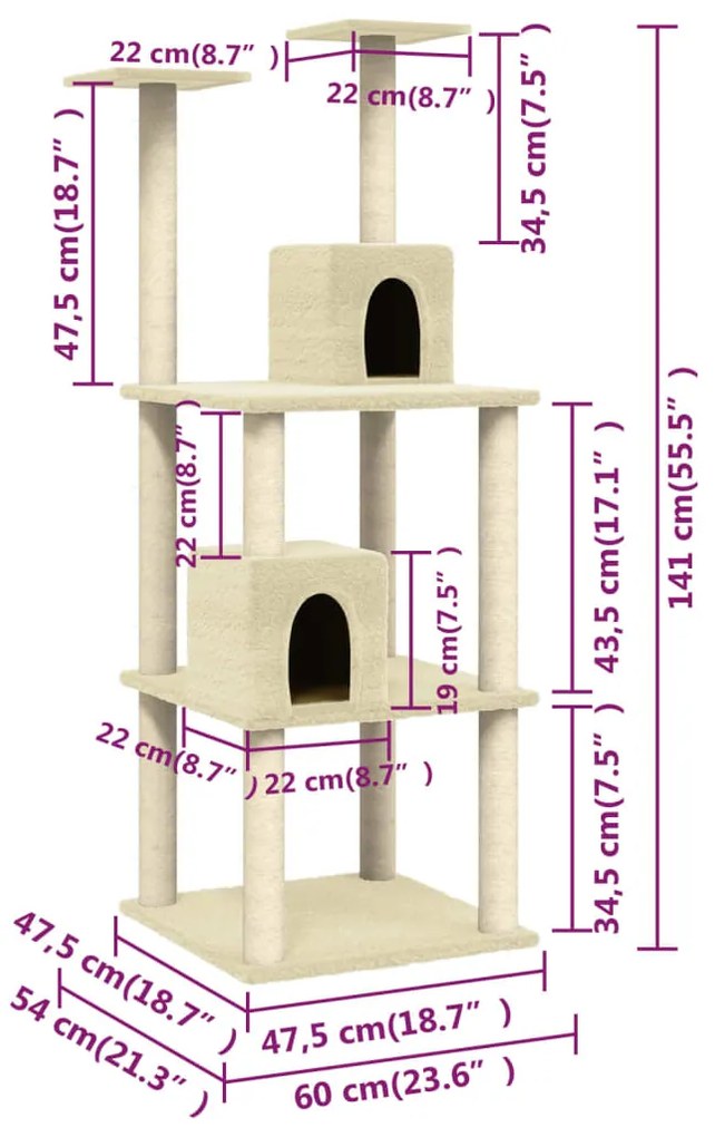 Γατόδεντρο με Στύλους Ξυσίματος Κρεμ 141 εκ. από Σιζάλ - Κρεμ