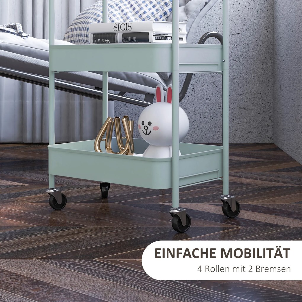 HOMCOM Πολυλειτουργικό καρότσι, καρότσι κουζίνας, 3 ράφια, 4 τροχοί, 45 cm x 30,6 cm x 79 cm, Ανοιχτό μπλε