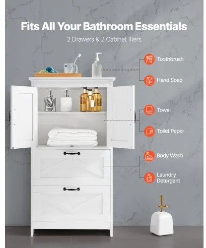VEVOR Wooden Bathroom Floor Cabinet Storage 2 Drawers and Adjustable Shelf White