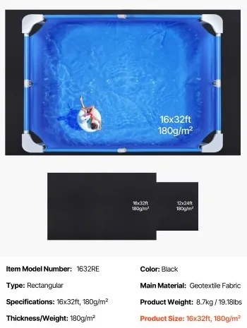 VEVOR Rectangle Pool Liner Pad, 16 x 32 ft Pool Liner Pad for Above Ground Swimming Pools, Extra-Thick Pool Mat, Prevents Punctures, Recycled Geotextile Material Underlayment Pad, Extend Liner Life