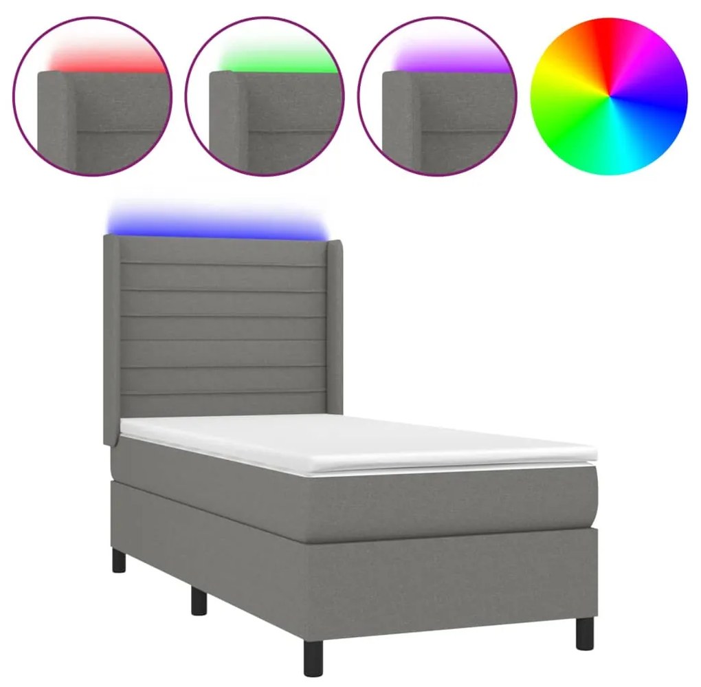 Κρεβάτι Boxspring με Στρώμα &amp; LED Σκ.Γκρι 90x200 εκ. Υφασμάτινο - Γκρι