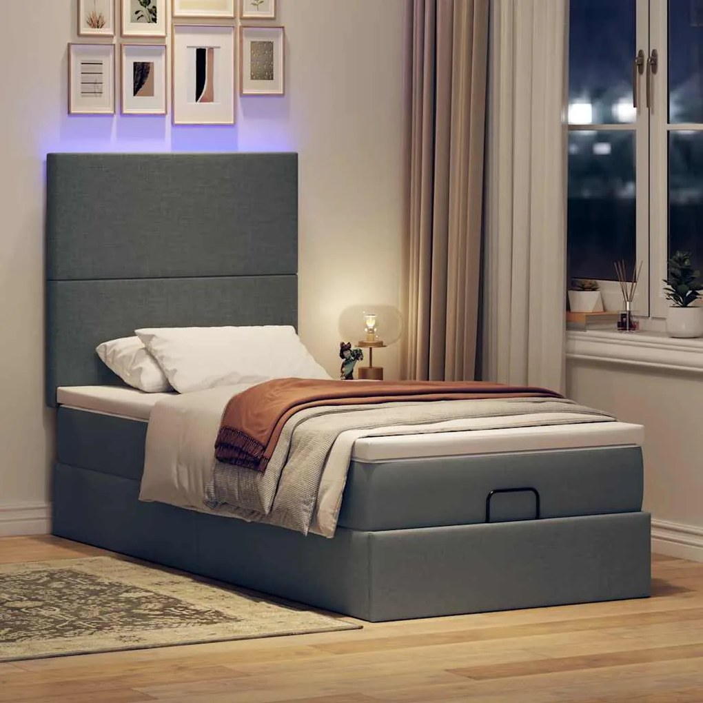 Οθωμανικό κρεβάτι με στρώμα &amp; LEDs Σκούρο γκρι 90x190cm ύφασμα 3313886