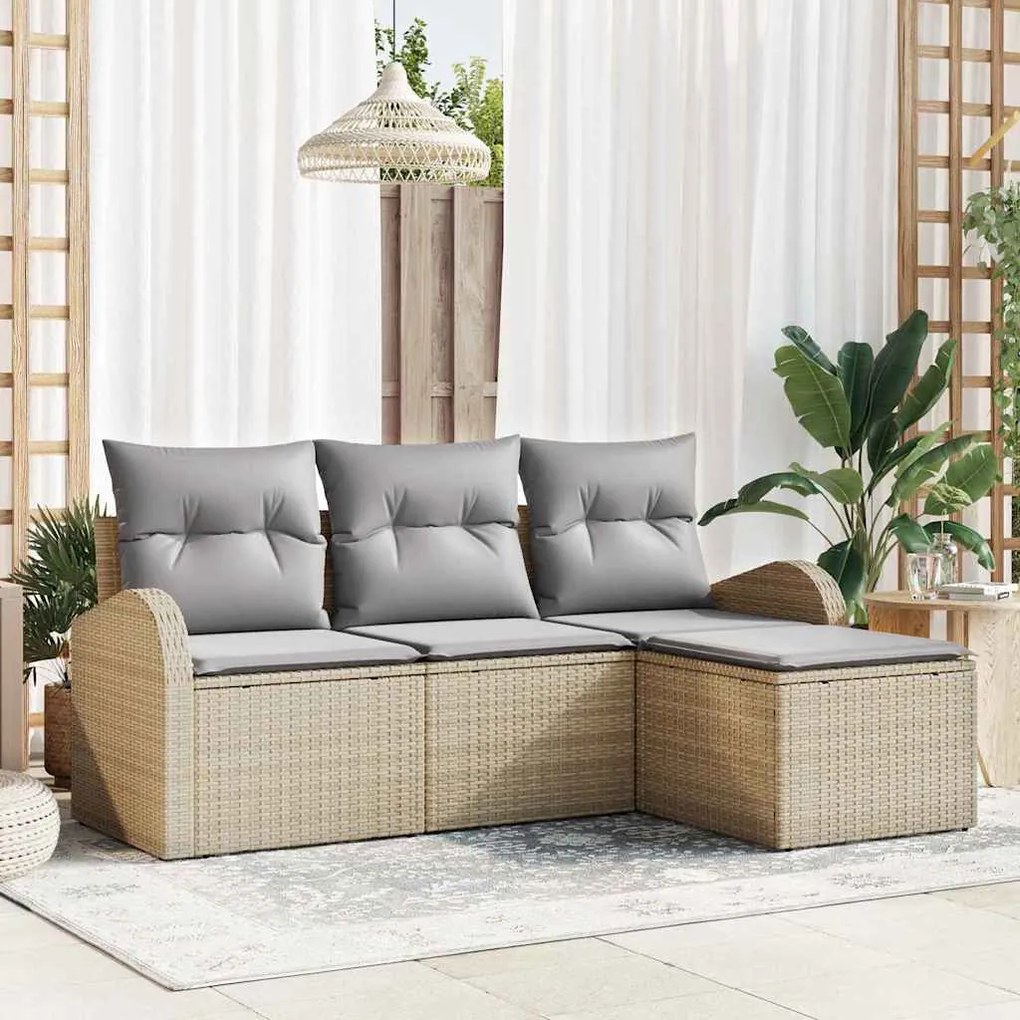 vidaXL Σετ Καναπέ Κήπου με μαξιλάρι 4 pcs Μπεζ Πολυ ράταν