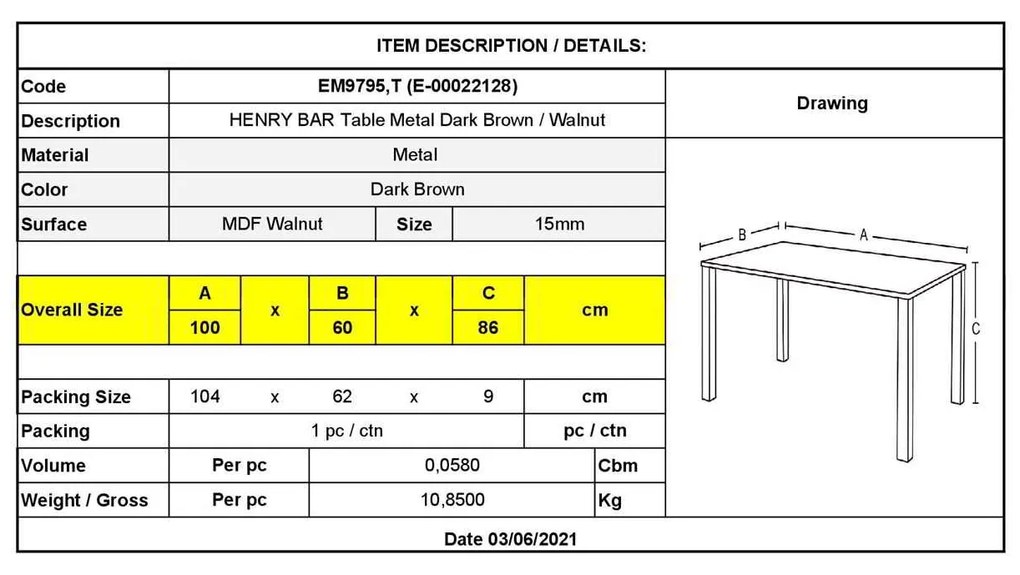 Τραπέζι HENRY BAR 100x60cm Μεταλ.Σκ.Καφέ/Καρυδί