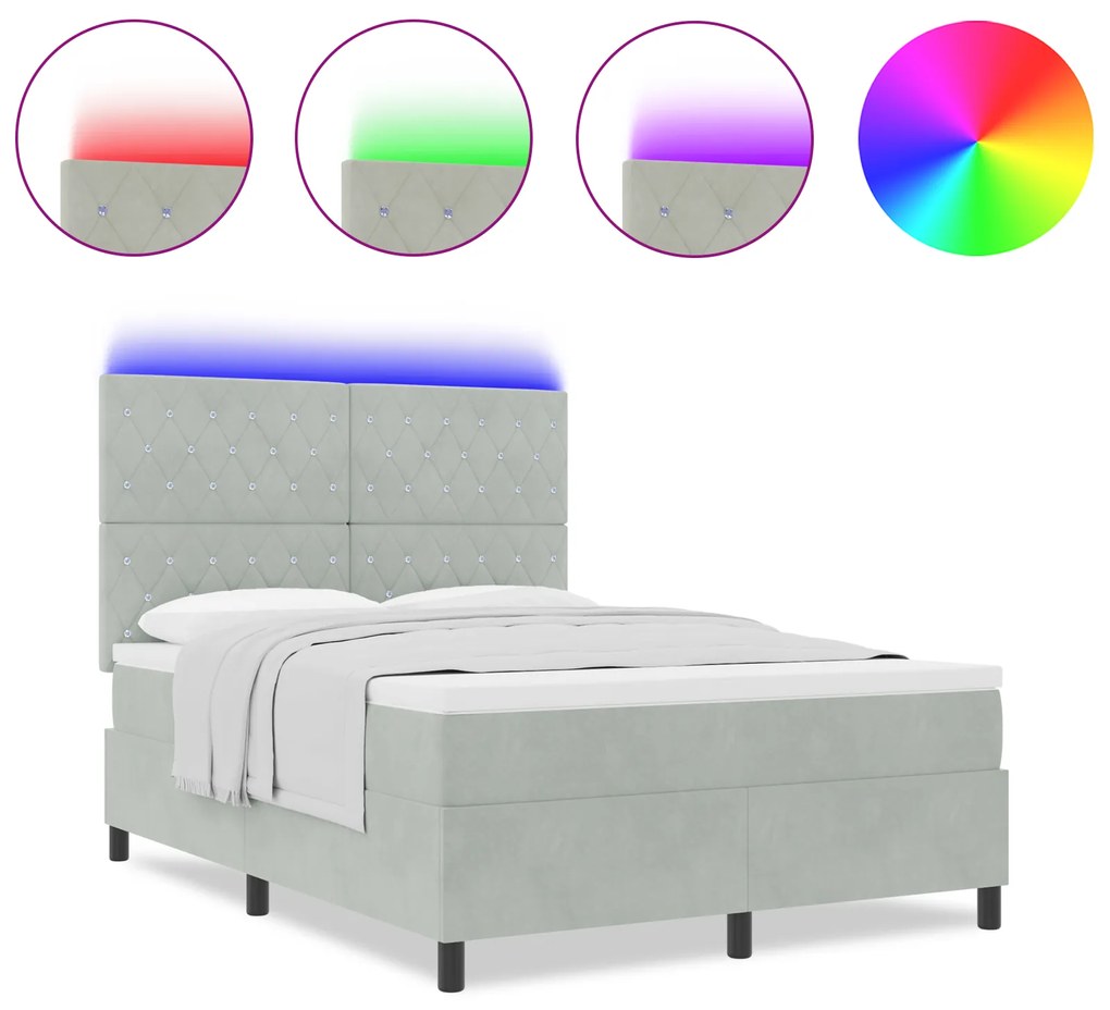 vidaXL Κρεβάτι Box Spring με Στρώμα & LED Γκρι 140x190 εκ. Βελούδο