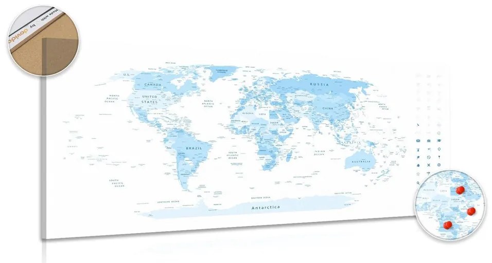Εικόνα στο φελλό λεπτομερής παγκόσμιος χάρτης σε μπλε - 120x60  color mix