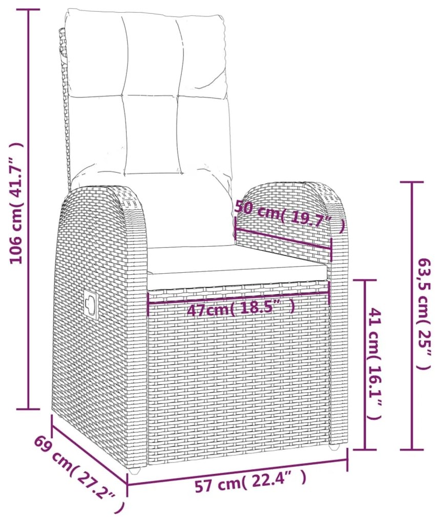 vidaXL Πολυθρόνες Κήπου Ανακλ/νες 2 τεμ. Μαύρες Συνθ. Ρατάν+Μαξιλάρια