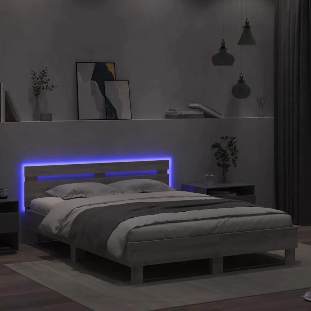vidaXL Πλαίσιο Κρεβατιού με Κεφαλάρι/LED Γκρι Sonoma 140x190 εκ.