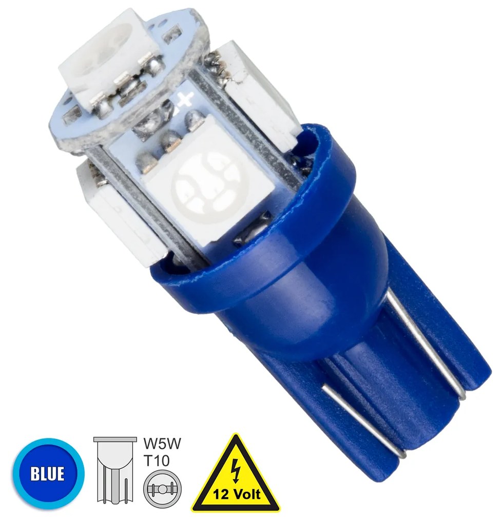 GloboStar® 81053 Λάμπα Αυτοκινήτου LED T10 W5W 5xSMD5050 1.3W 80lm 360° DC 12-16V IP20 Φ1.2 x Υ2.7cm Μπλε