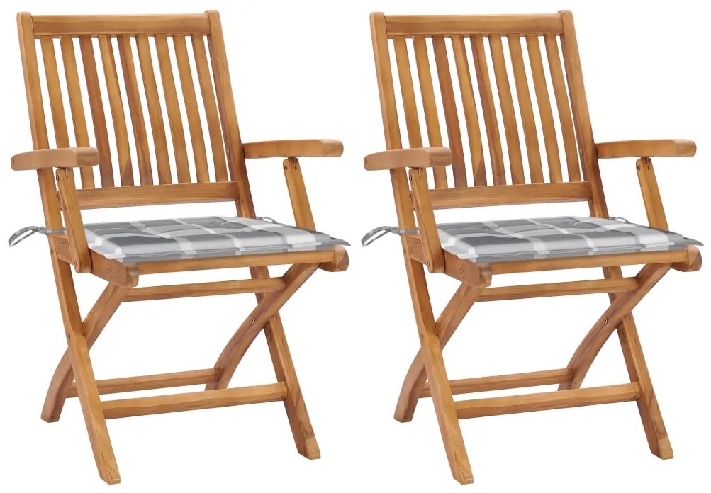 vidaXL Καρέκλες Κήπου 2 τεμ. από Μασίφ Ξύλο Teak & Γκρι Καρό Μαξιλάρια