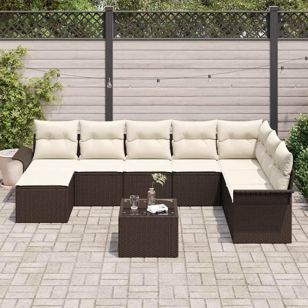 vidaXL Σετ Καναπέ Κήπου με μαξιλάρι 9 pcs Καφέ Πολυ ράταν