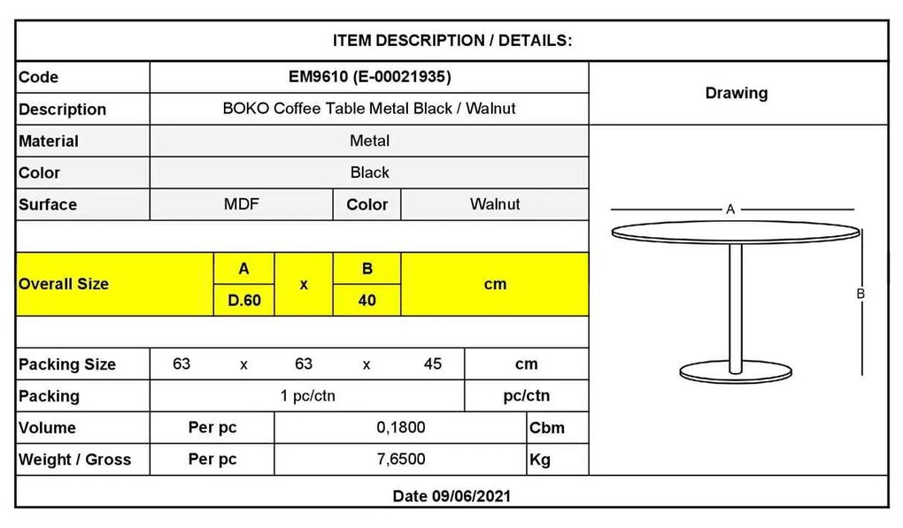 Τραπέζι Σαλονιού BOKO Φ60x40cm Μεταλ.Μαύρο/Καρυδί