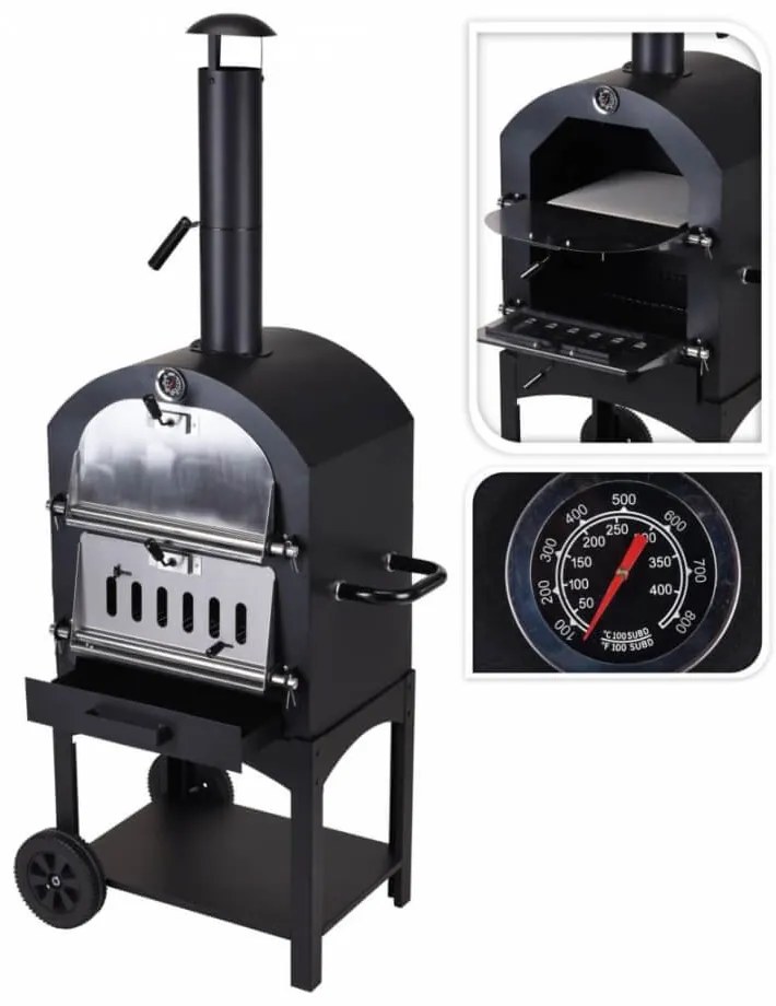 Ψησταριά πίτσας BBQ κάρβουνου Vaggan (X85300070) Με καμινάδα και θερμόμετρο, Πέτρα μαγειρέματος, Σχάρα, Λαβές και πόδια στήριξης με 2 τροχούς, Βάση τα