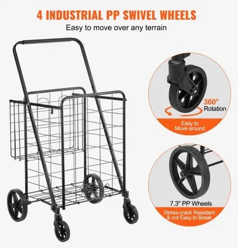 VEVOR Folding Shopping Cart, Jumbo Grocery Cart with Double Baskets, 360° Swivel Wheels, Heavy Duty Utility Cart, 110 LBS Large Capacity Utility Cart for Laundry, Shopping, Grocery, Luggage