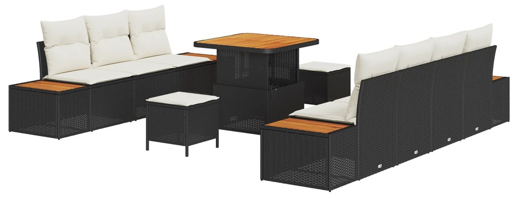 vidaXL Σετ Κήπου 10 Τεμαχίων με Μαξιλάρια Μαύρο, Poly Rattan, Acacia