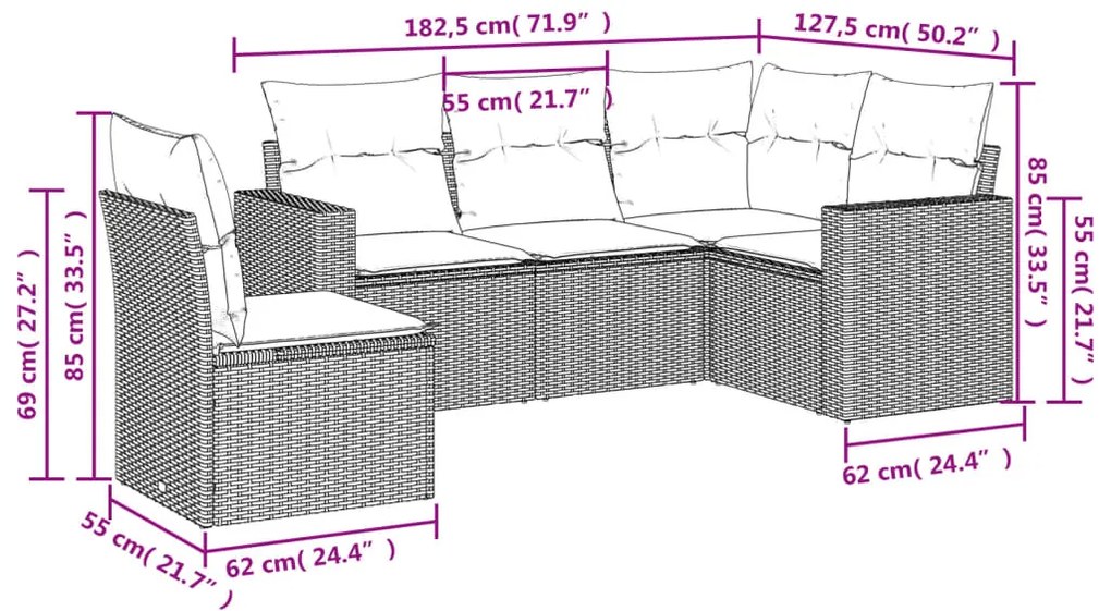 vidaXL Σετ Καναπέ Κήπου 5 Τεμαχίων Μαύρο Συνθετικό Ρατάν με Μαξιλάρια