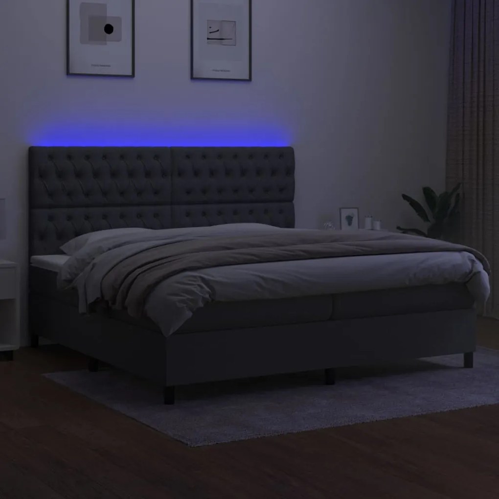 vidaXL Κρεβάτι Boxspring με Στρώμα & LED Σκ.Γκρι 200x200εκ. Υφασμάτινο