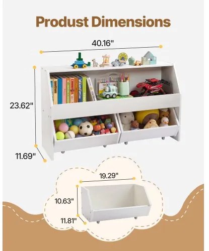 VEVOR Toy Storage Organizer, Wooden Kids Bookshelf with Storage, Toy Storage Cabinet with 2 Mobile Drawers, Kids Storage Organizer for Bedroom, Nursery, Living Room, Entryway, Preschool, White