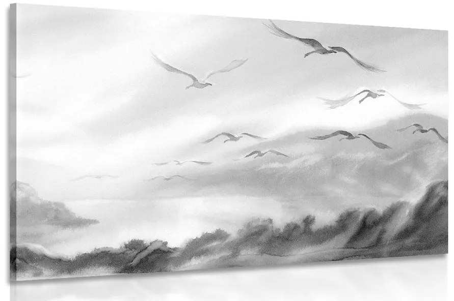 Εικόνα πουλιών που πετούν πάνω από το τοπίο σε ασπρόμαυρο - 120x80