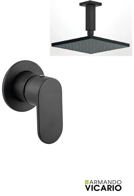 Armando Vicario SLIM Black Matt Ανακλινόμενη Κεφαλή Τετράγωνη 30x30εκ+Μπράτσο Οροφής +Μίκτης εντοιχισμού 1 εξόδου 500050-400