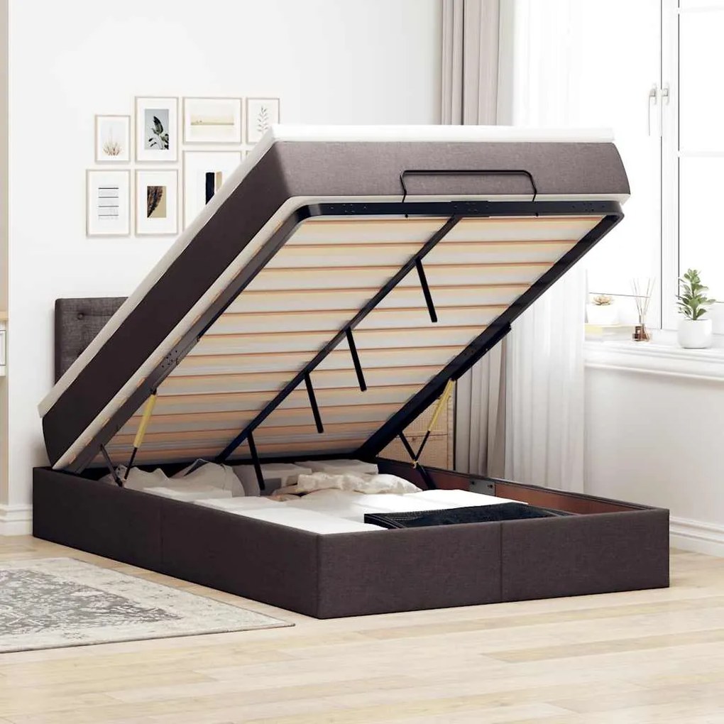 vidaXL Οθωμανικό κρεβάτι με στρώμα & LEDs Σκούρο καφέ 120x190cm ύφασμα