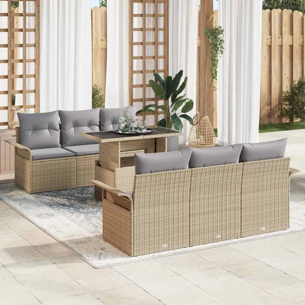 vidaXL Σετ Καναπέ Κήπου με μαξιλάρι 7 pcs Μπεζ Πολυ ράταν