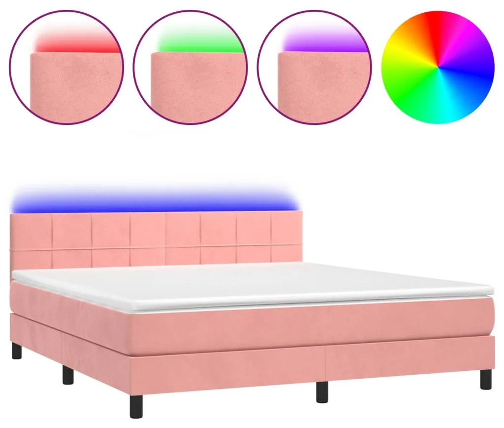 vidaXL Κρεβάτι Boxspring με Στρώμα & LED Ροζ 160x200 εκ. Βελούδινο
