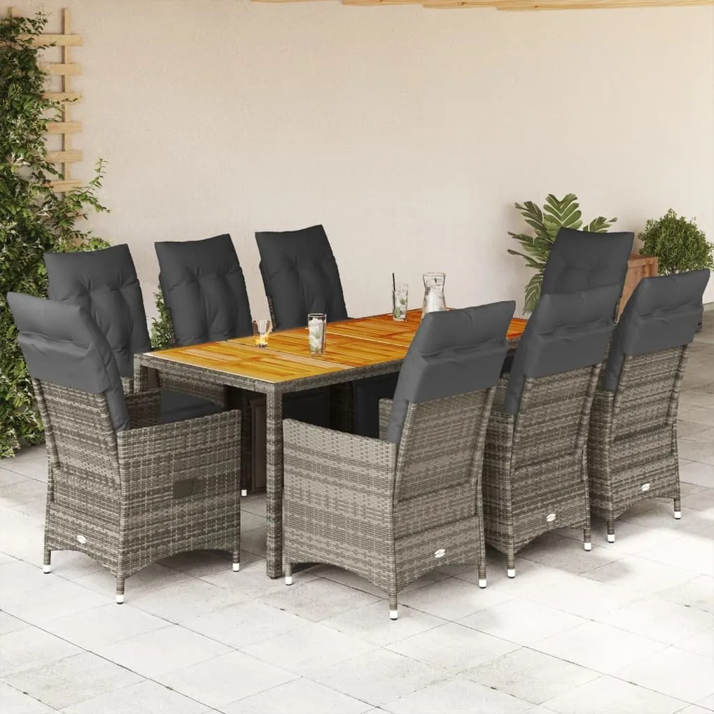 vidaXL Σετ Επίπλων Bistro Κήπου 9 τεμ. Γκρι Συνθετ. Ρατάν με Μαξιλάρια