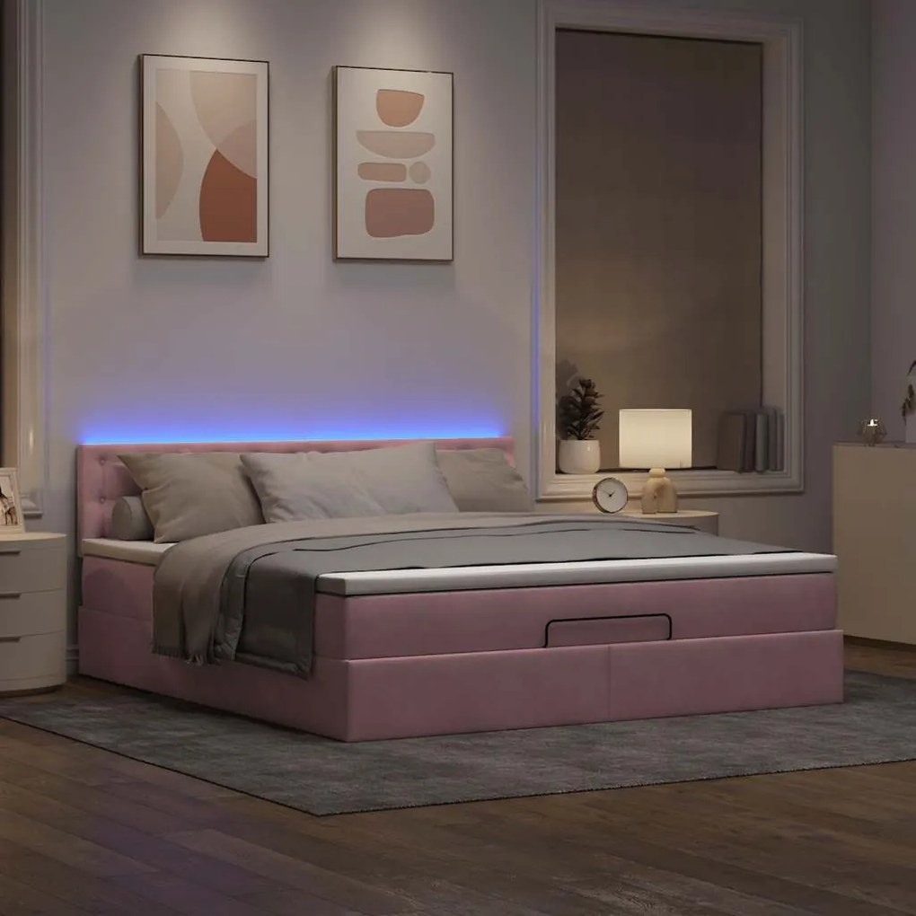 vidaXL Οθωμανικό κρεβάτι με στρώμα & LEDs Ροζ 160x200cm Βελούδο