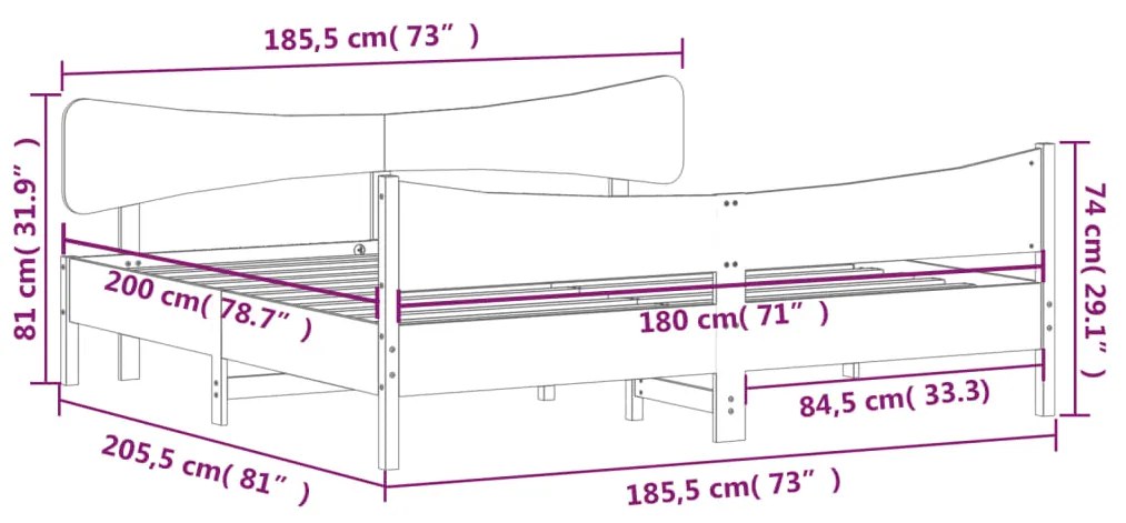 Σκελετός Κρεβατιού Χωρίς Στρώμα 180x200 εκ Μασίφ Ξύλο Πεύκου - Καφέ