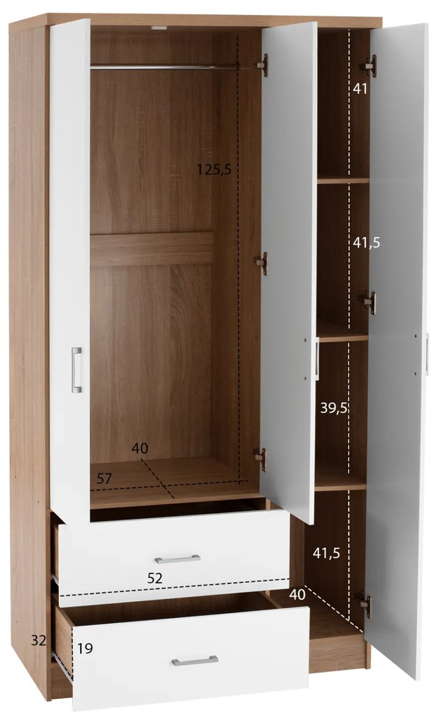 Ντουλάπα 3φυλλη Με 2 Συρτάρια Caesar Sonama - Λευκό 89x42,5x181 Εκ.