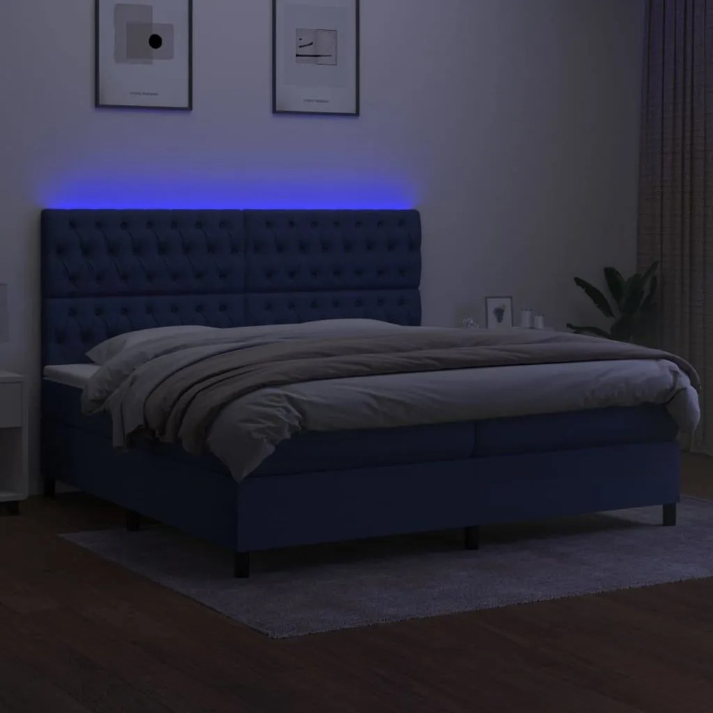 Κρεβάτι Boxspring με Στρώμα &amp; LED Μπλε 200x200 εκ. Υφασμάτινο - Μπλε