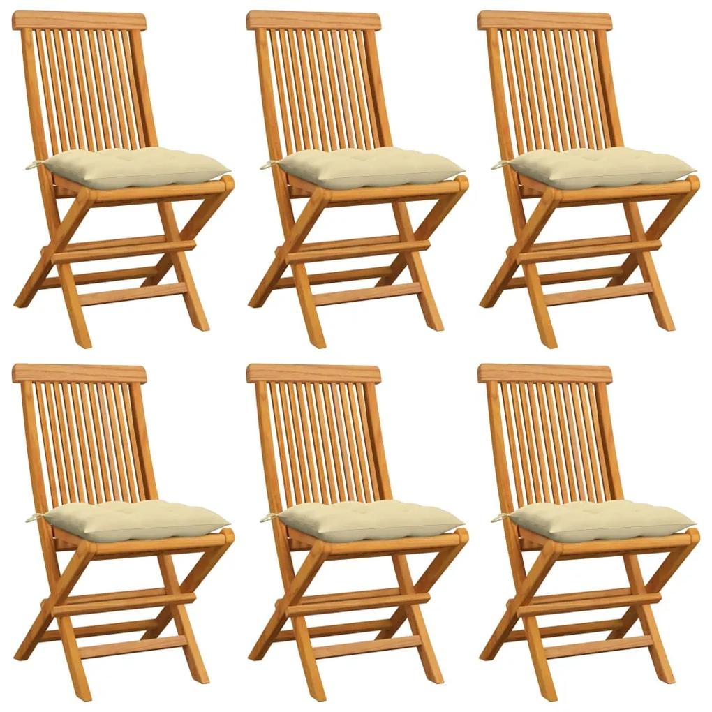 Καρέκλες Κήπου 6 τεμ. Μασίφ Ξύλο Teak με Λευκά/Κρεμ Μαξιλάρια