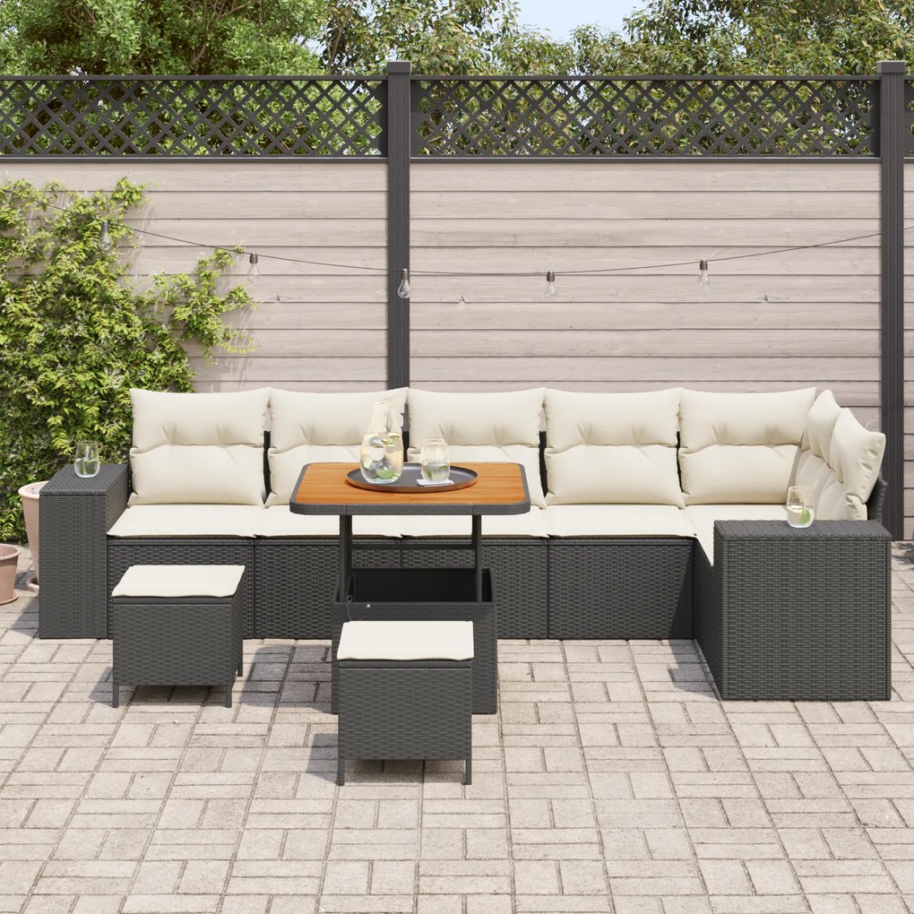 vidaXL 9 κομματιών Garden Sofa Set με μαξιλάρια. Μαύρο Πολυ Ράτταν.