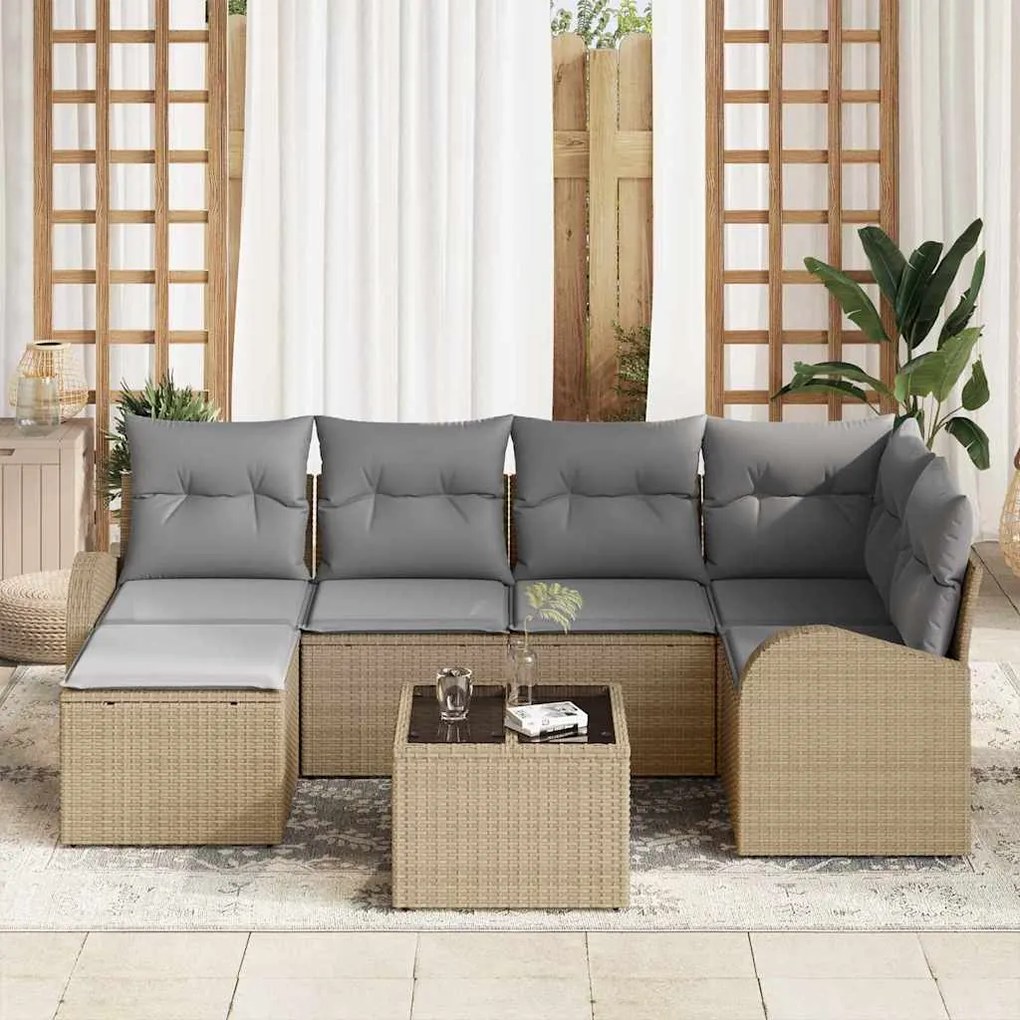 vidaXL Σετ Καναπέ Κήπου με μαξιλάρι 7 pcs Μπεζ Πολυ ράταν