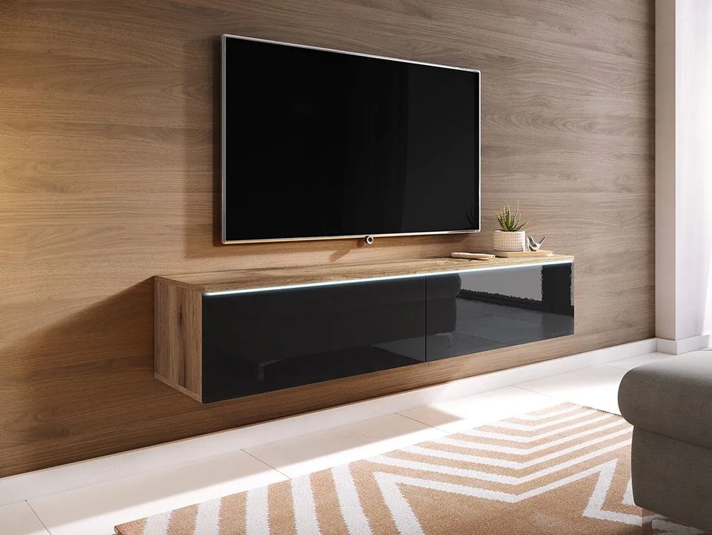 Τραπέζι Tv Sarasota 120, Γυαλιστερό μαύρο, Wotan δρυς, Ο αριθμός των θυρών: 2, 140x30x33cm, 22 kg | Epipla1.gr