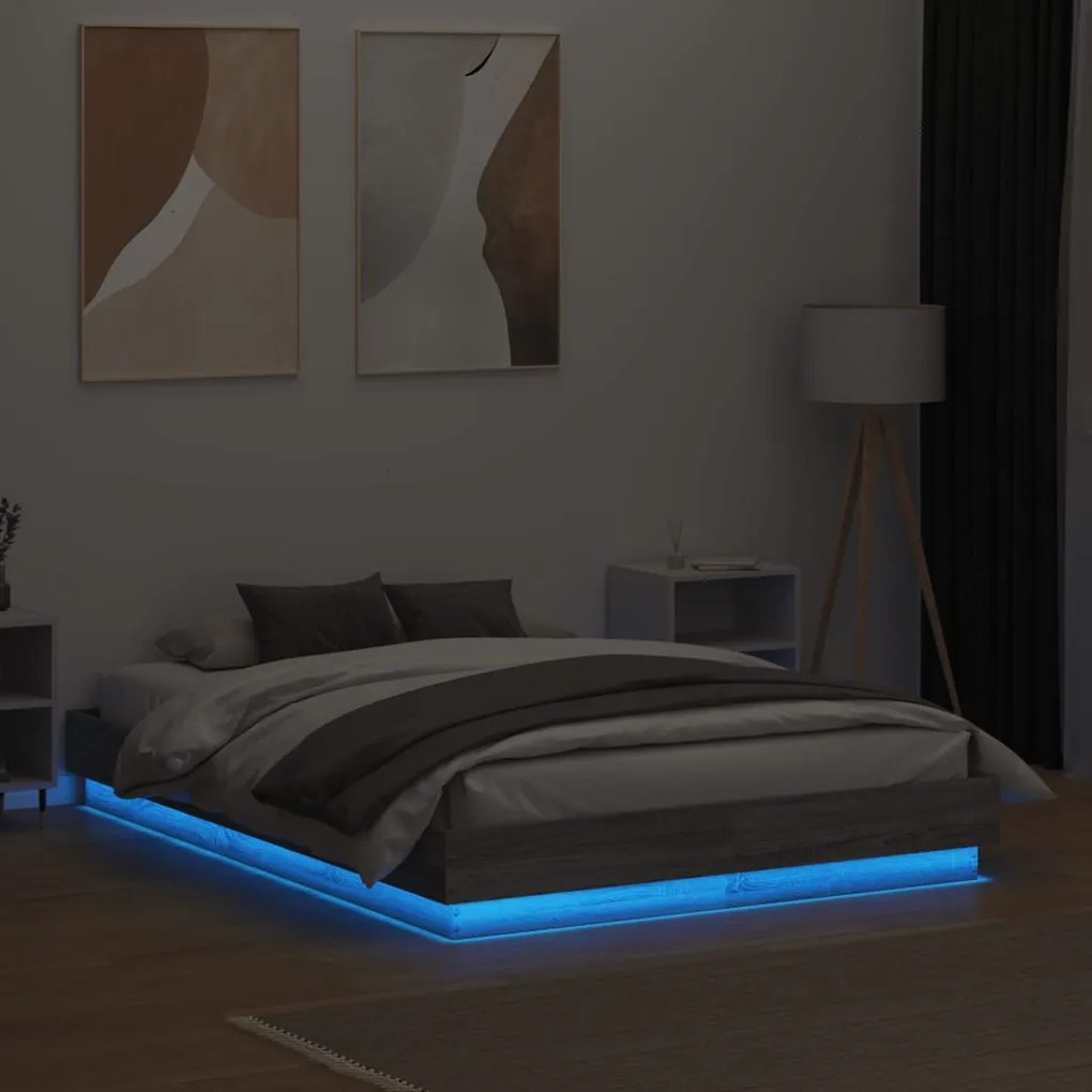 vidaXL Πλαίσιο Κρεβατιού με LED Γκρι Sonoma 135x190 εκ.