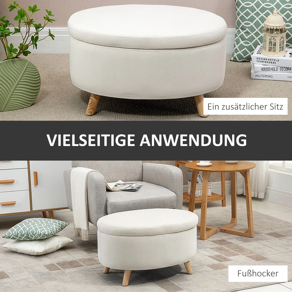 HOMCOM Πάγκος αποθήκευσης, σκαμπό, οβάλ σχήμα, όψη βελούδου, έως 120 kg, 71 x 51,5 x 42 εκ., Μπεζ