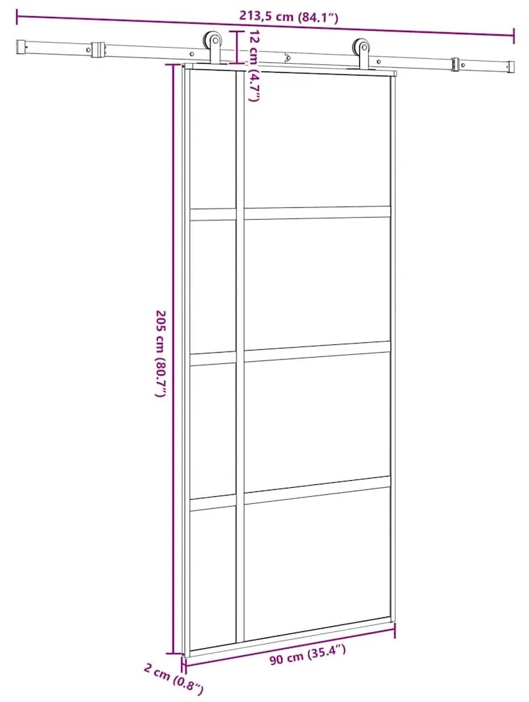 Συρόμενη πόρτα με σετ υλικού 90x205 cm από γυαλί και αλουμίνιο - Μαύρο