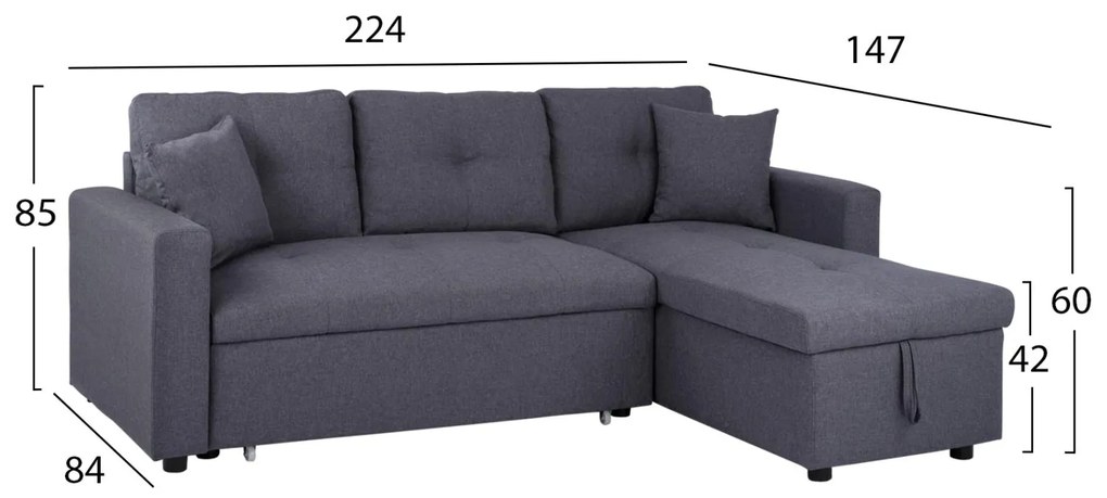 Γωνιακός καναπές - Κρεβάτι WAYNE Ύφασμα Γκρί 224x147x85Υ εκ. 224x147x85 εκ.