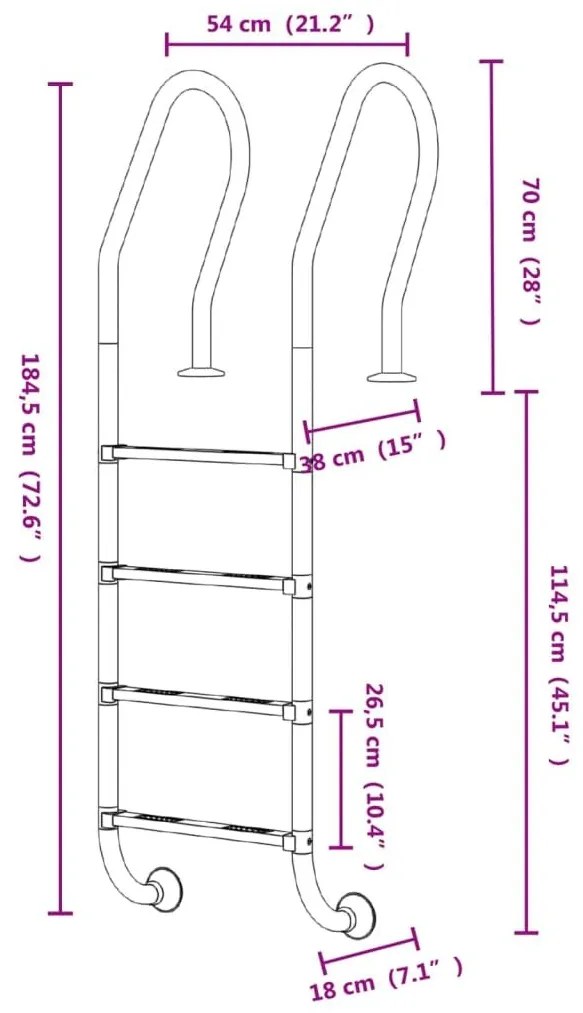 Σκάλα Πισίνας 54 x 38 x 184,5 εκ. από Ανοξείδωτο Ατσάλι 304 - Ασήμι