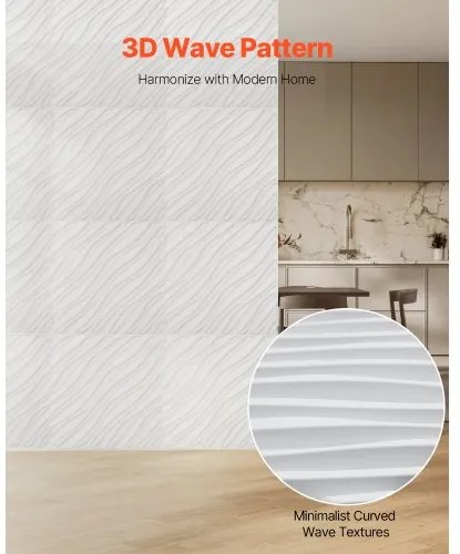VEVOR 3D Wall Panels 12-Pack 19.7x19.7&#039;&#039; PVC 32 Sq.Ft Coverage Wave Matte White