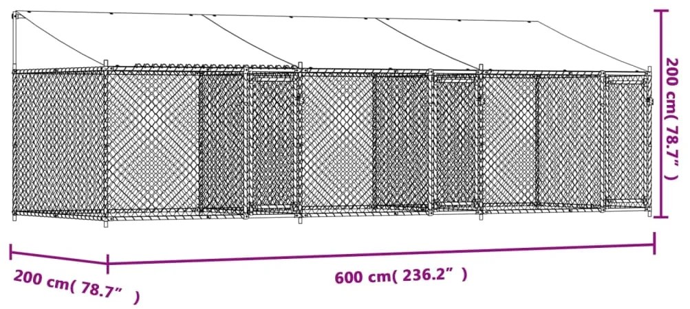 Κλουβί Σκύλου με Οροφή και Πόρτες Γκρι 6x2x2 μ. Γαλβ. Χάλυβας - Γκρι