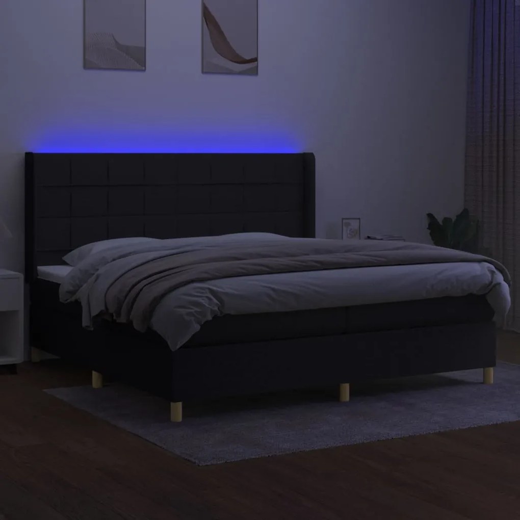 Κρεβάτι Boxspring με Στρώμα &amp; LED Μαύρο 200x200 εκ. Υφασμάτινο - Μαύρο