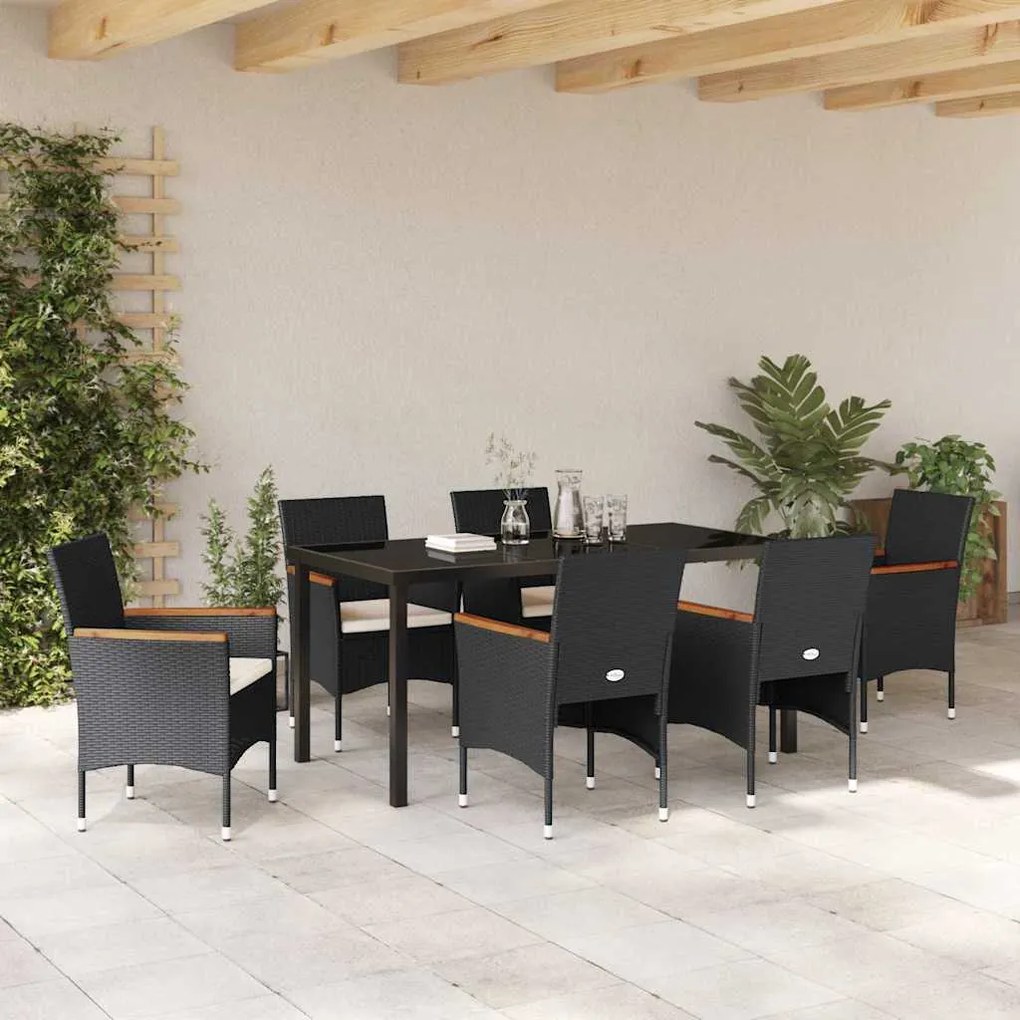 vidaXL Σέτ φαγητού για κήπο με μαξιλάρι 7 pcs Μαύρο Πολυ ράταν