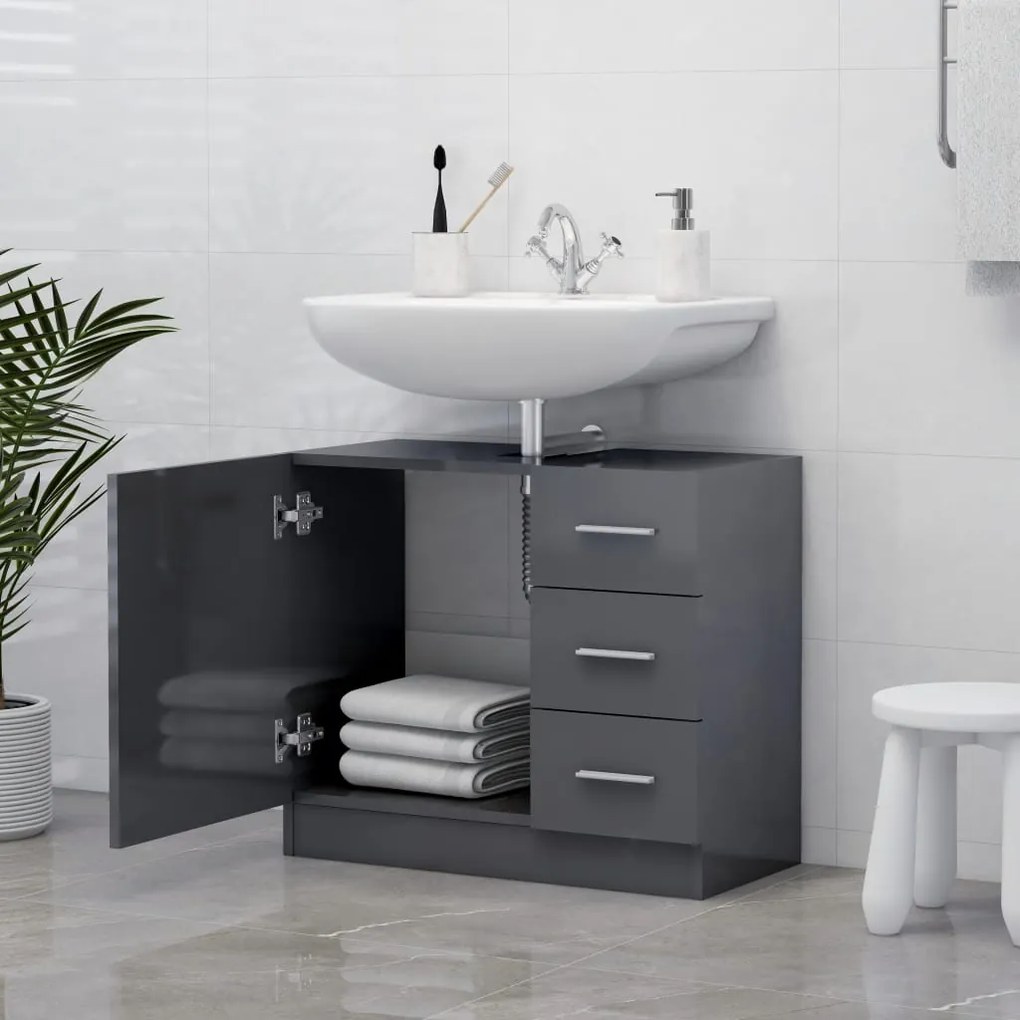 vidaXL Ντουλάπι Νιπτήρα Γυαλιστερό Γκρι 63x30x54 εκ. Μοριοσανίδα