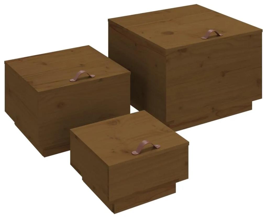 Κουτιά Αποθήκευσης με Καπάκια 3 τεμ Μελί Καφέ Μασίφ Ξύλο Πεύκου - Καφέ